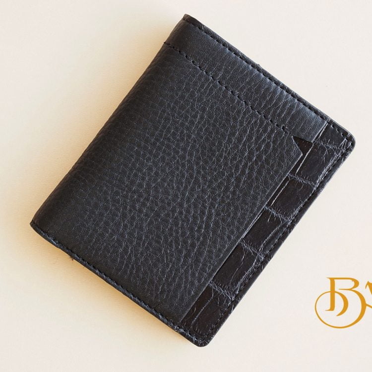 Ví Da Bò Vân Hạt Phối Da Cá Sấu. Ví Nam Dáng Đứng Màu Đen M001