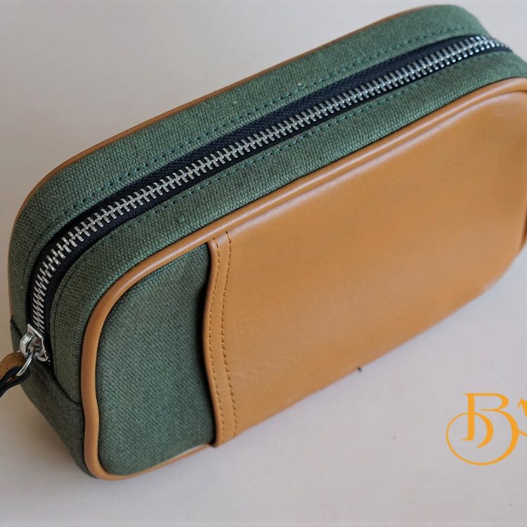 Clutch Da Nam Phối Vải Canvas. Clutch Da Thời Trang Màu Xanh Rêu M015