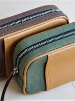 Clutch Da Nam Phối Vải Canvas. Clutch Da Thời Trang Màu Xanh Rêu M015