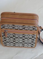 Túi Da Bò Phối Vải Canvas Hoạ Tiết Màu Nâu Vàng. Túi Xách Đeo Chéo M019