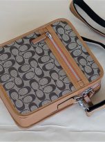 Túi Da Bò Phối Vải Canvas Hoạ Tiết Màu Nâu Vàng. Túi Xách Đeo Chéo M019