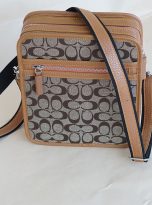 Túi Da Bò Phối Vải Canvas Hoạ Tiết Màu Nâu Vàng. Túi Xách Đeo Chéo M019