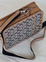 Túi Da Bò Phối Vải Canvas Hoạ Tiết Màu Nâu Vàng. Túi Xách Đeo Chéo M019