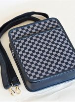 Túi Da Bò Phối Vải Canvas Hoạ Tiết Caro Màu Nâu Đen. Túi Xách Đeo Chéo M020