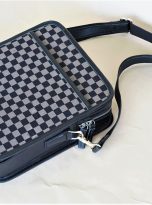 Túi Da Bò Phối Vải Canvas Hoạ Tiết Caro Màu Nâu Đen. Túi Xách Đeo Chéo M020