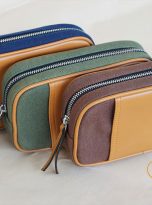 Clutch Da Nam Phối Vải Canvas. Clutch Da Thời Trang Màu Nâu Vàng M016
