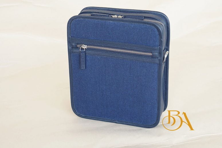 Túi Da Bò Phối Vải Canvas Màu Xanh Navy. Túi Xách Đeo Chéo Nam M024