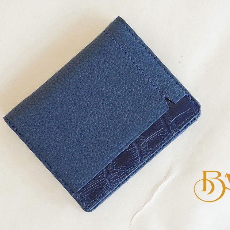 Ví Da Bò Vân Hạt Phối Da Cá Sấu. Ví Nam Dáng Đứng Màu Xanh Navy M031