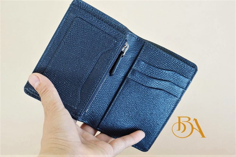 Ví Da Bò Epsom Màu Xanh Navy. Ví Nam Da Thật Dáng Đứng M043