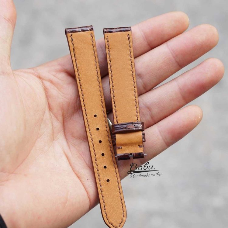 Dây đồng hồ da cá sấu Pháp, dây cá sấu handmade màu nâu AL110