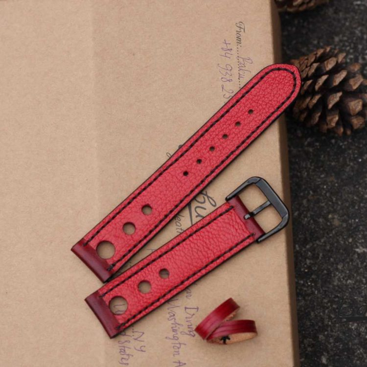 Dây đồng hồ da bò Veg-tan Handmade phong cách Racing màu đỏ đậm CO134