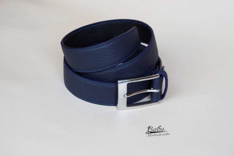 Thắt lưng da bò Togo màu xanh navy, dây lưng da bò Handmade TLB105