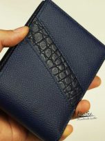 Ví nam da Epsom Handmade, ví da bê phối da cá sấu màu xanh navy