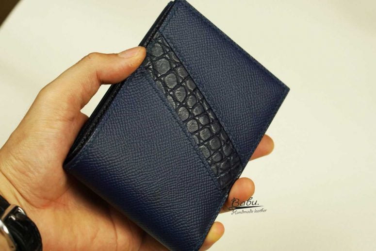 Ví nam da Epsom Handmade, ví da bê phối da cá sấu màu xanh navy