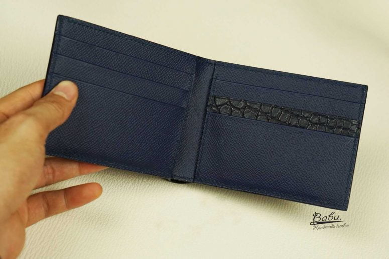 Ví nam da Epsom Handmade, ví da bê phối da cá sấu màu xanh navy