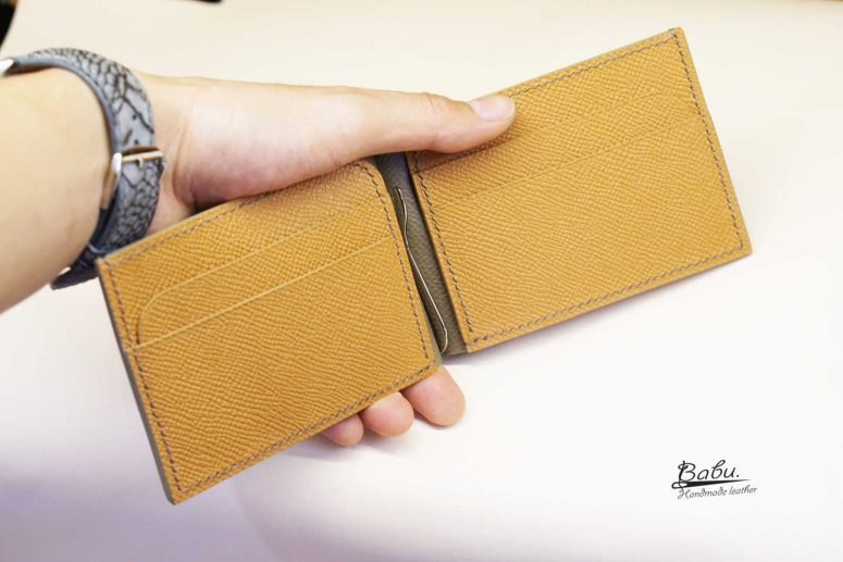 Ví kẹp tiền da Epsom Handmade cao cấp, ví Money Clip da bê màu xám cát