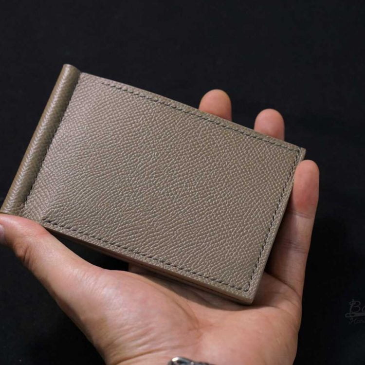 Ví kẹp tiền da Epsom Handmade cao cấp, ví Money Clip da bê màu xám cát