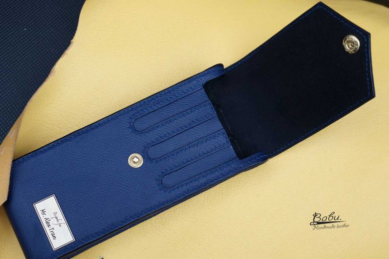 Bao đựng bút da Epsom màu xanh navy, hộp đựng bút da bò Handmade