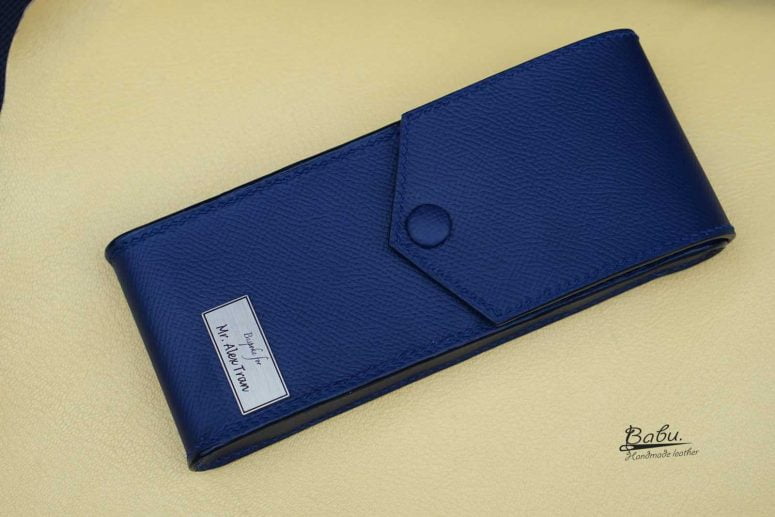 Bao đựng bút da Epsom màu xanh navy, hộp đựng bút da bò Handmade