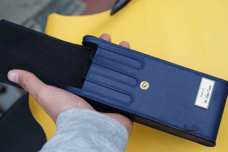 Bao đựng bút da Epsom màu xanh navy, hộp đựng bút da bò Handmade