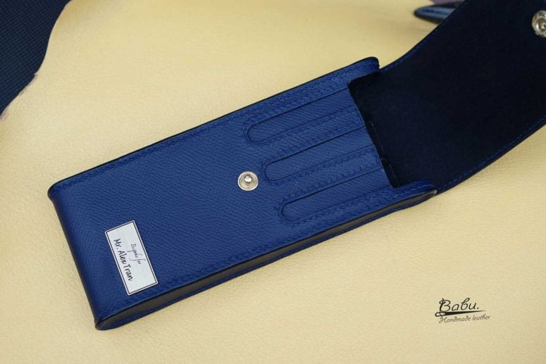 Bao đựng bút da Epsom màu xanh navy, hộp đựng bút da bò Handmade