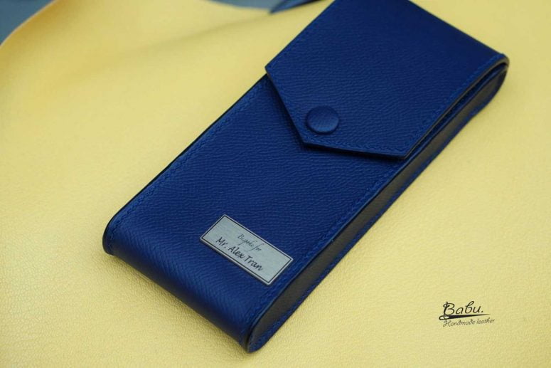 Bao đựng bút da Epsom màu xanh navy, hộp đựng bút da bò Handmade