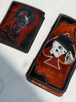 Ví cầm tay chạm khắc thủ công, ví da bò Veg-tan Handmade màu nâu