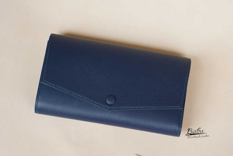 Ví nữ cầm tay da dê Alran Chevre Sully, ví dài handmade xanh navy GWL104