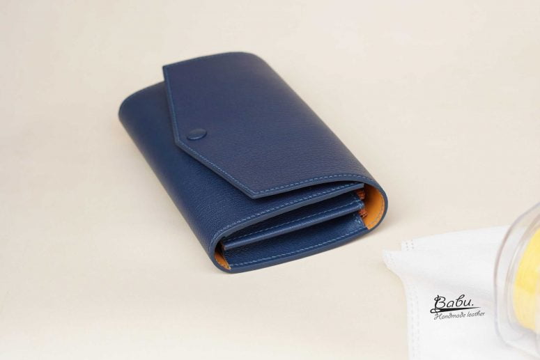 Ví nữ cầm tay da dê Alran Chevre Sully, ví dài handmade xanh navy