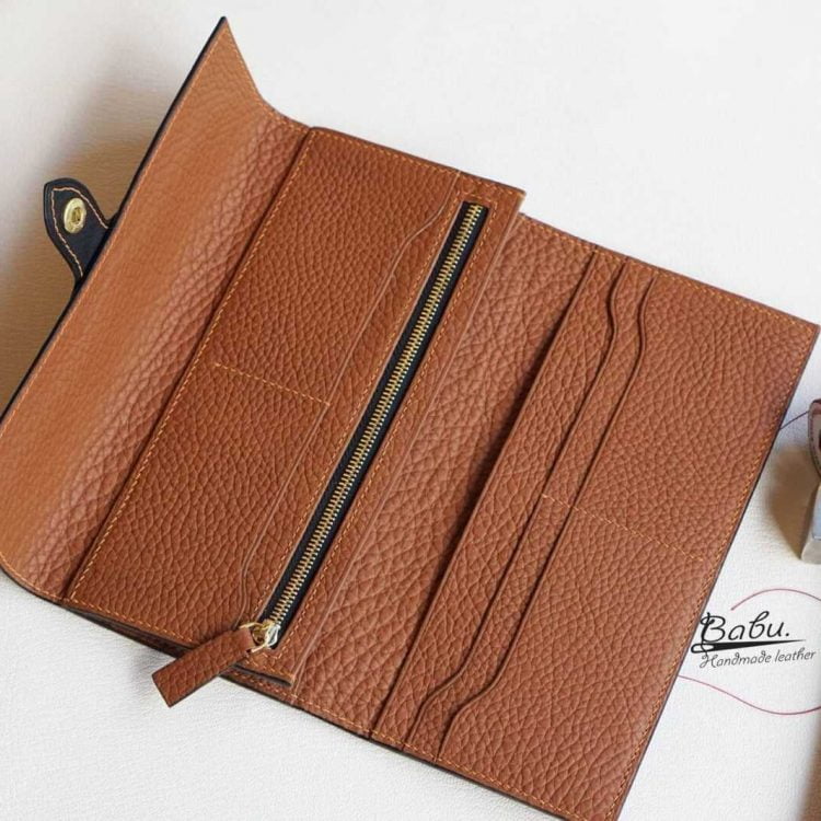 Ví cầm tay da Togo nhập khẩu, ví dài da bò Handmade màu đen phối nâu CWL121