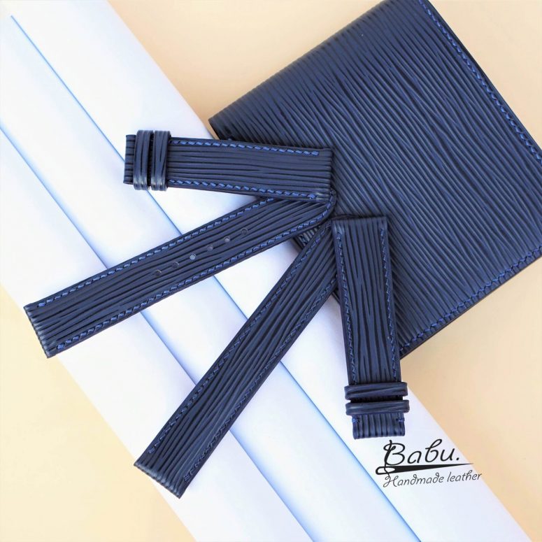 Dây da đồng hồ da Epi xanh navy, Dây đồng hồ da bê Handmade CO139