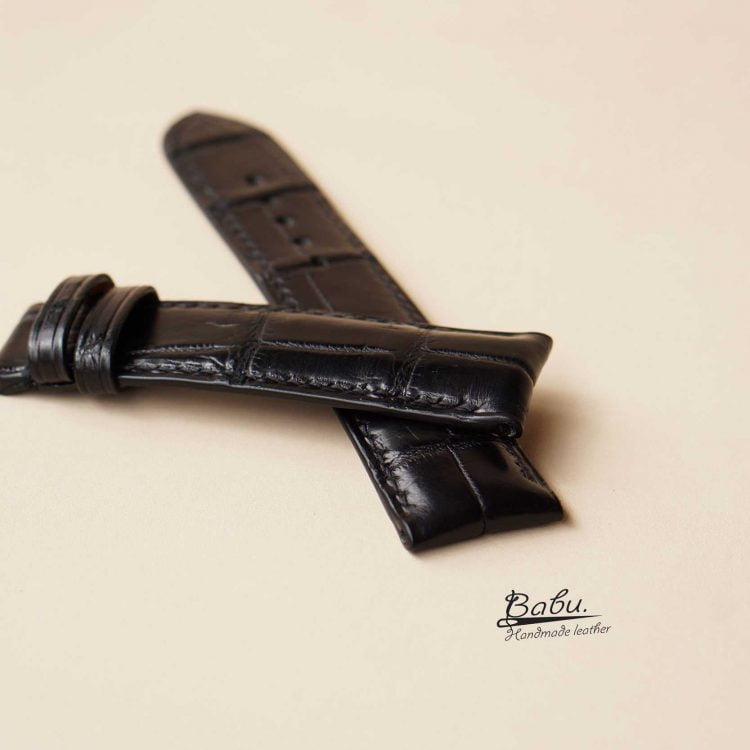 Dây đồng hồ cá sấu Handmade nhập khẩu màu đen AL112