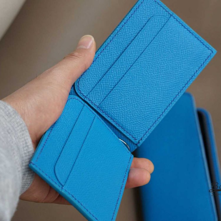 Ví kẹp tiền da Epsom Handmade, ví Money Clip da bò màu xanh Blue